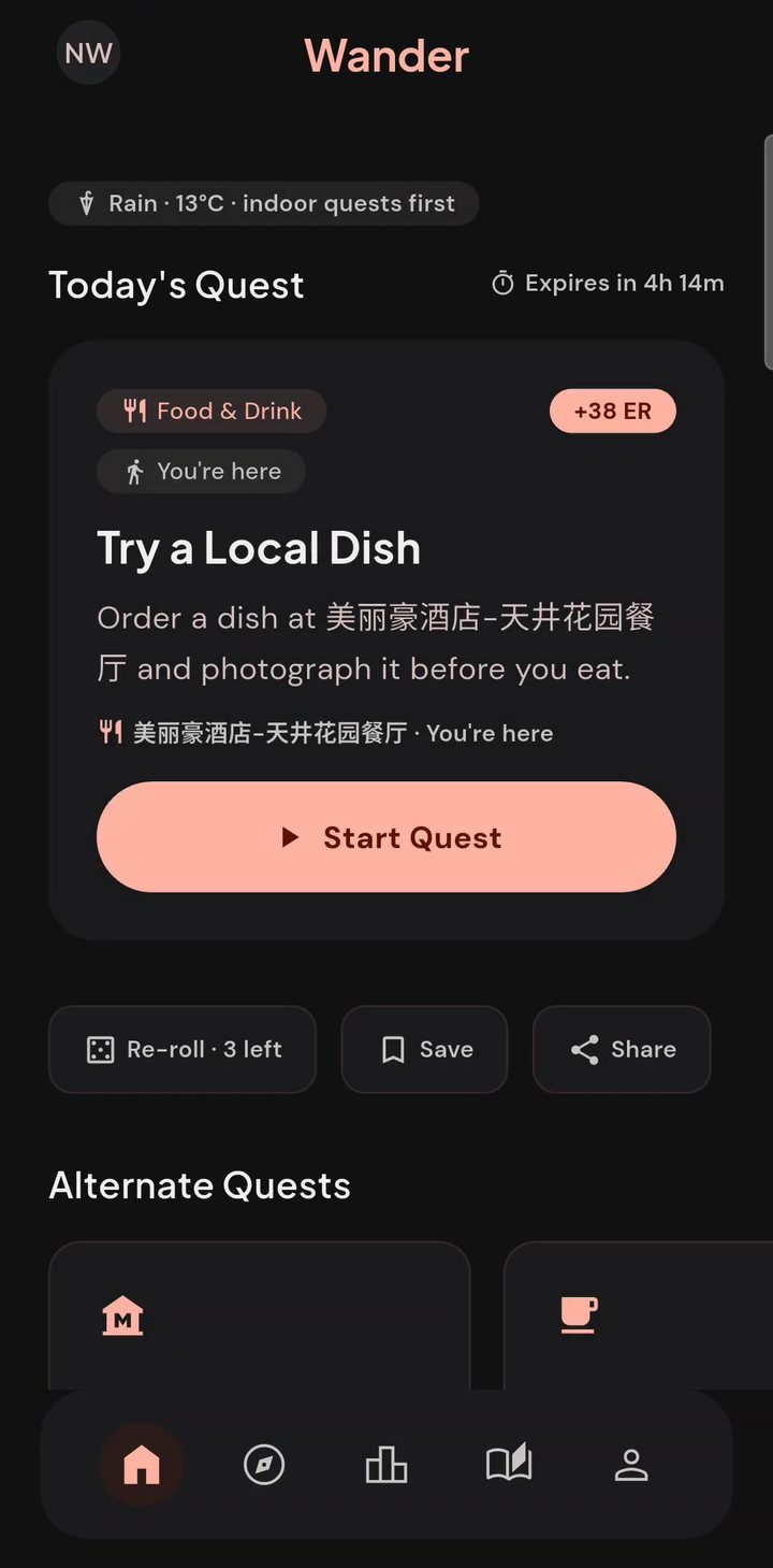 Wanderer's Today's Quest screen: Try a Local Dish, with distance and reward