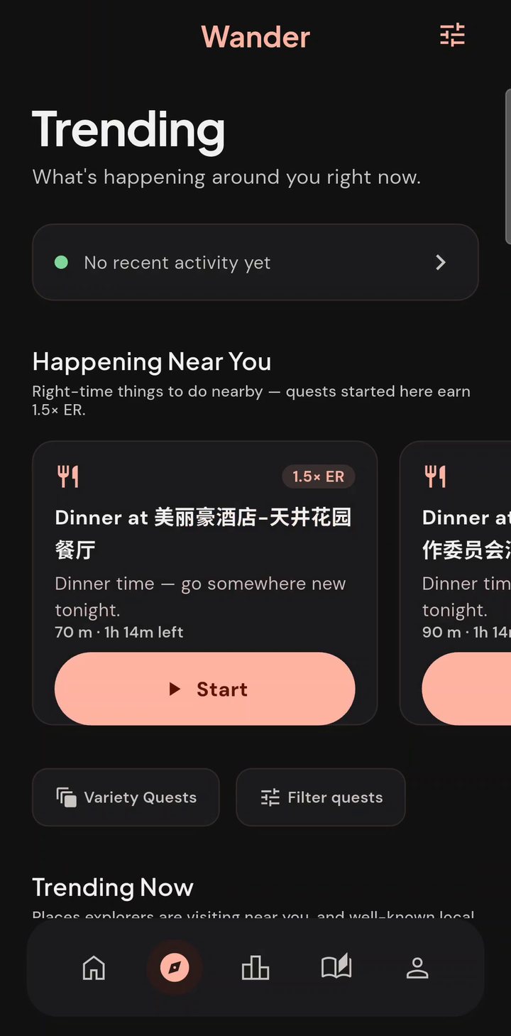 Trending in Wanderer: things happening near you right now, with bonus Explorer Rating